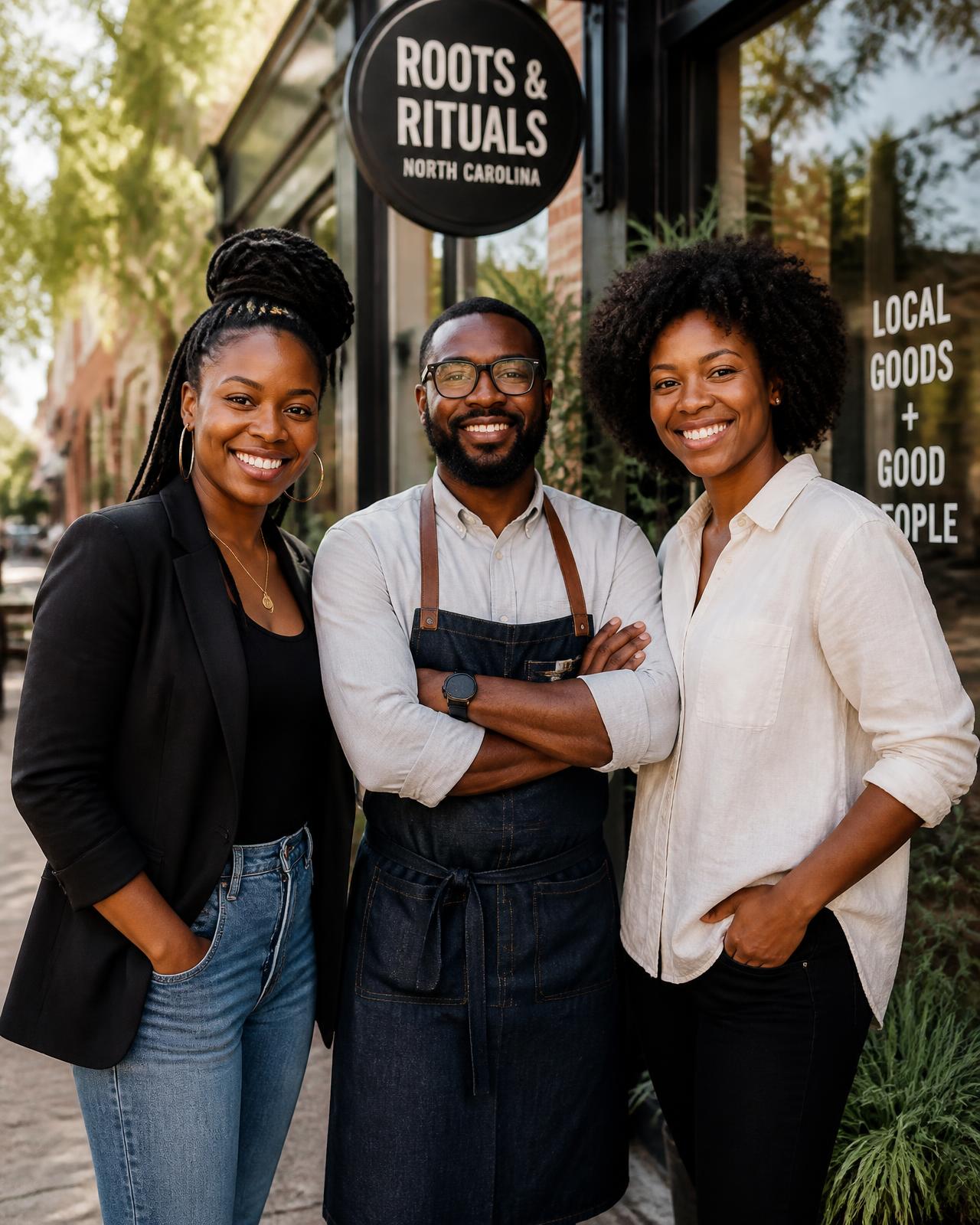 Black business owners standing outside their North Carolina storefront